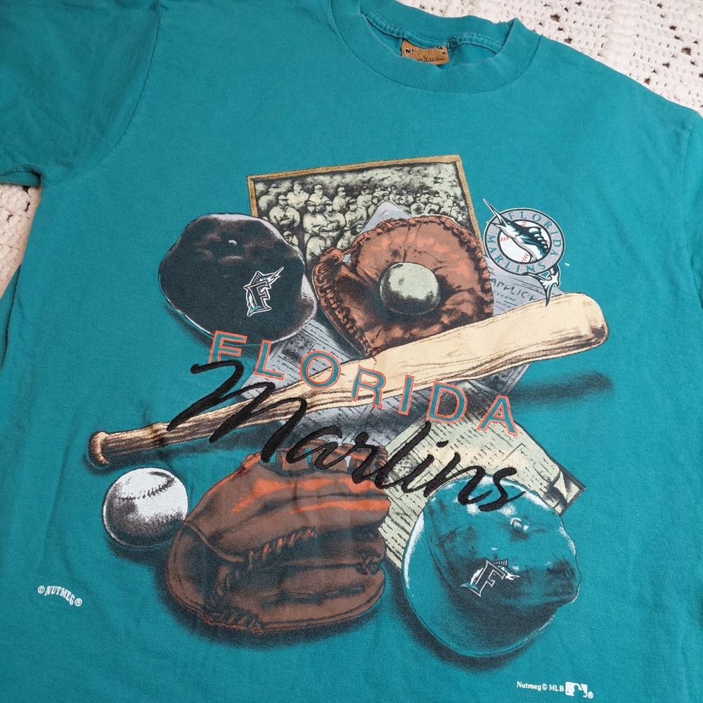 Vtg Florida Marlins T Shirt Mens L Teal Nutmeg USA Embroidered Single Stitch 90